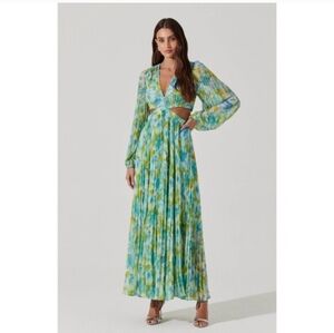 Astr Pleated  Vibrant Blue and Green Long Sleeve Dress